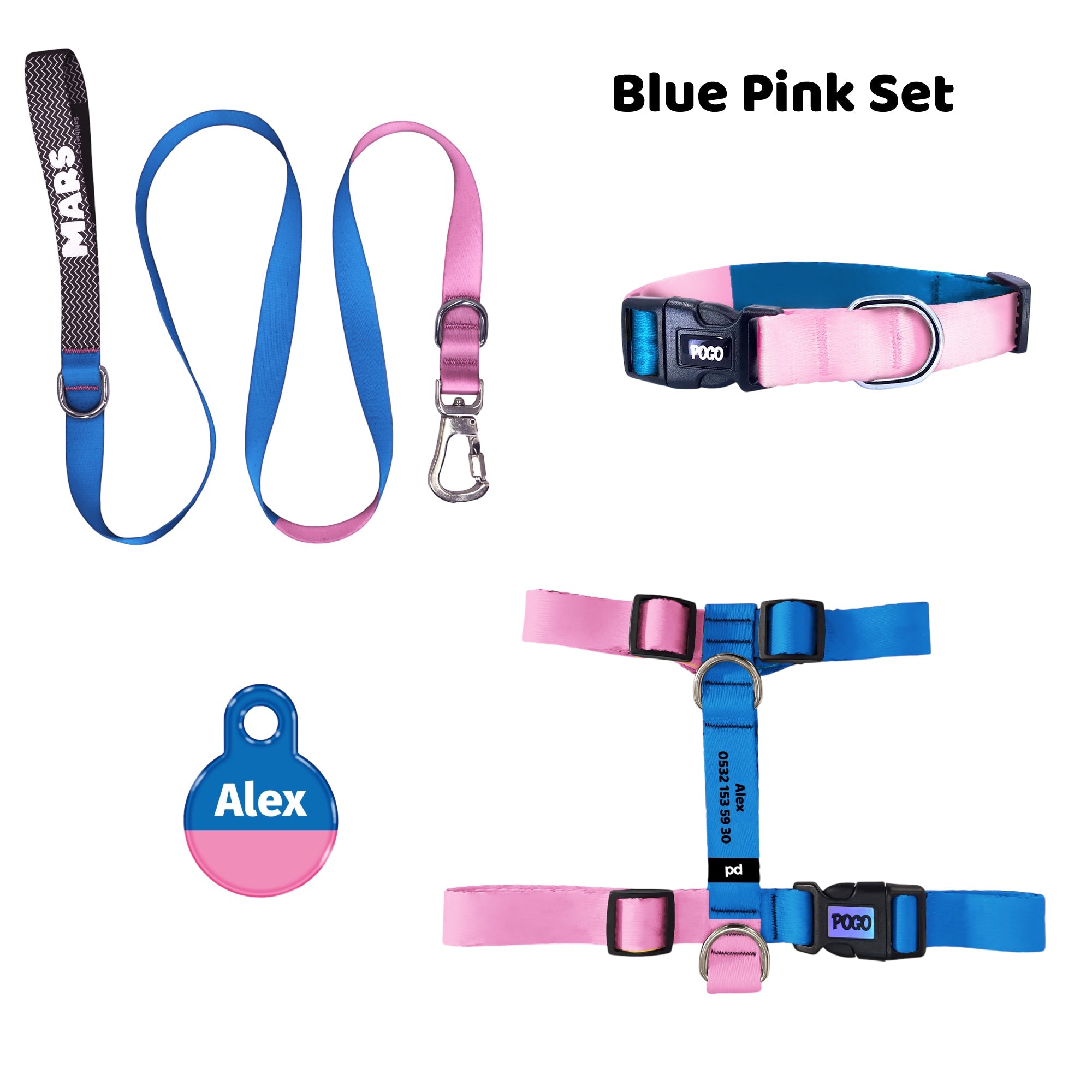 Blue-Pink | Tasma ve Künye Seti - Evcil hayvanlar için mükemmel bir ürün.