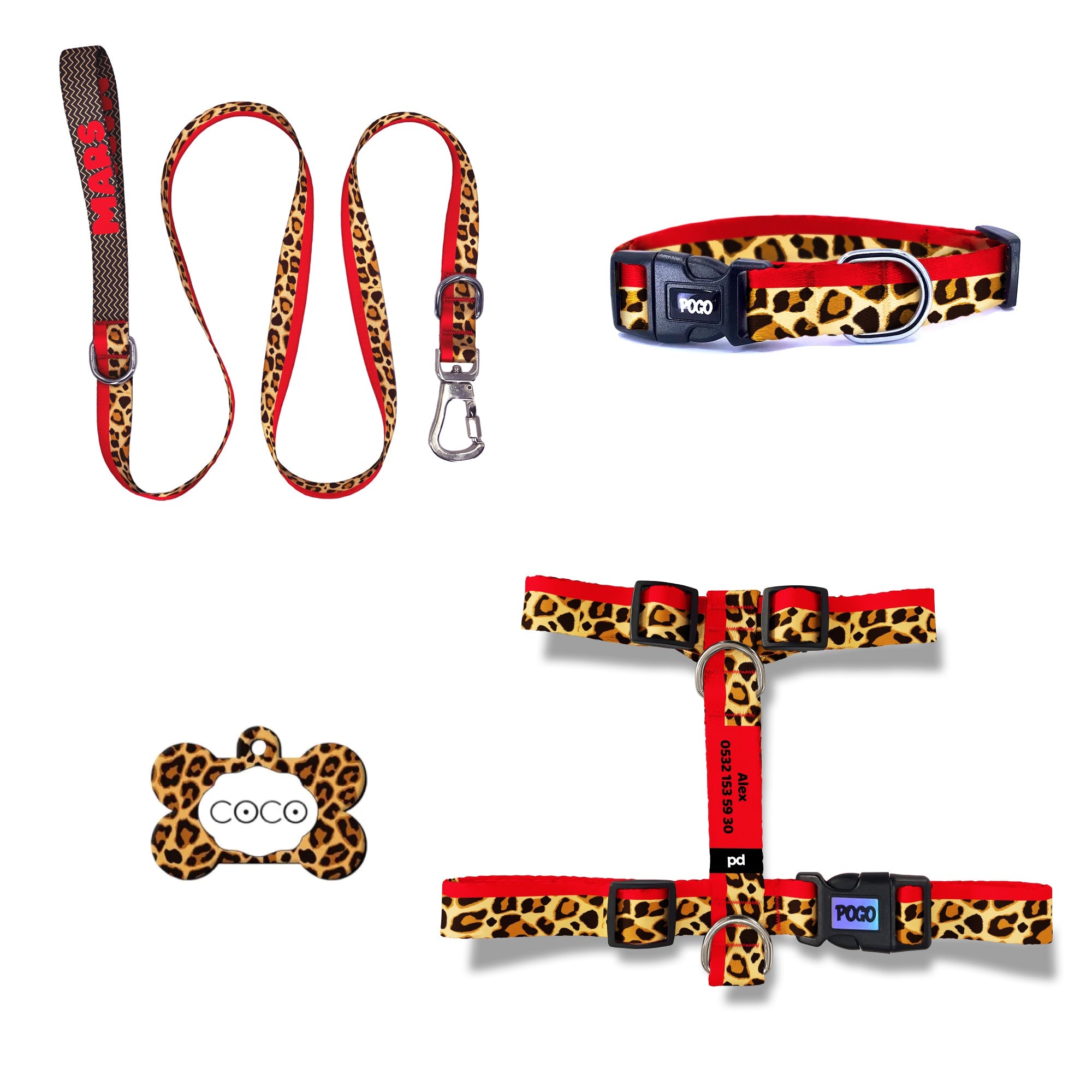 Leopard Kırmızı | Tasma ve Künye Seti