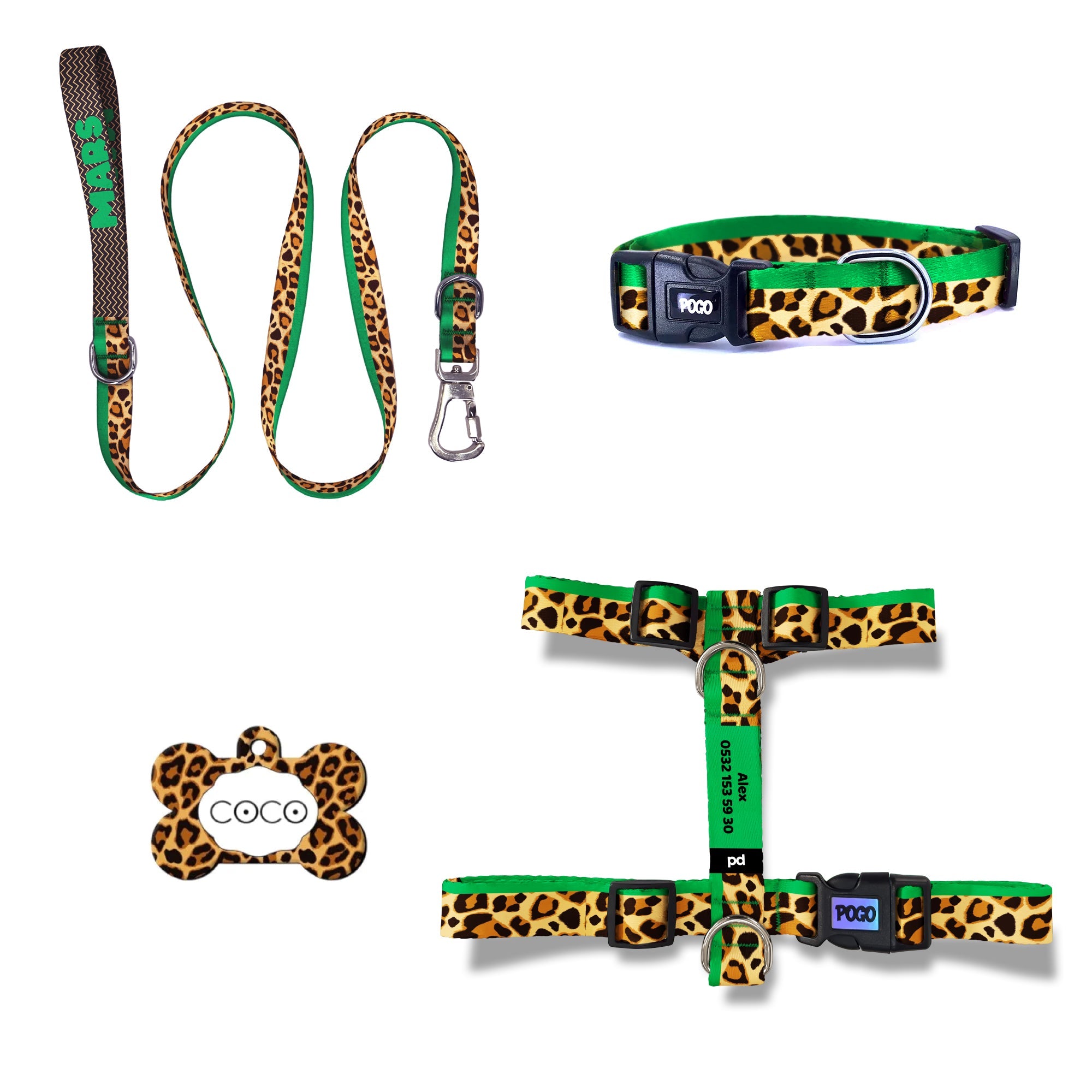 Leopard Yeşil | Tasma ve Künye Seti